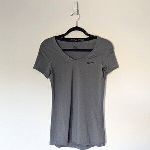 Gray Nike Pro Women's Compression V-neck T-shirt, M
